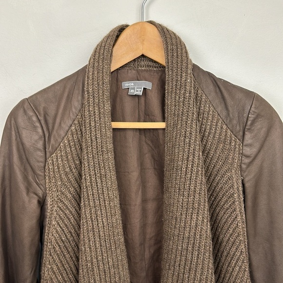 Vince Brown Leather Yak Wool Knit Draped Waterfall Open Front Jacket Sz XS - Picture 5 of 14
